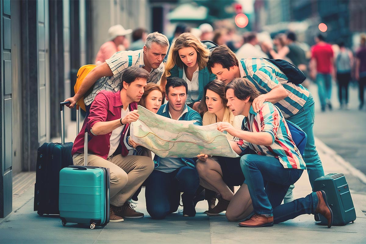 Comunidad de viajeros mirando un mapa
